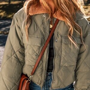 B133 Jungle Green Teddy Collor Flap Pockets Quilted Puff Jacket